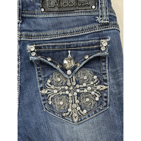 L.A. Idol Women's Cropped Jeans Size 5 Rhinestone Buttons/Pockets Distressed - Picture 13 of 16